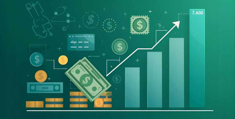 Upward-trending bar chart with floating dollar icons, coins, and cash, representing financial growth or investment gains.