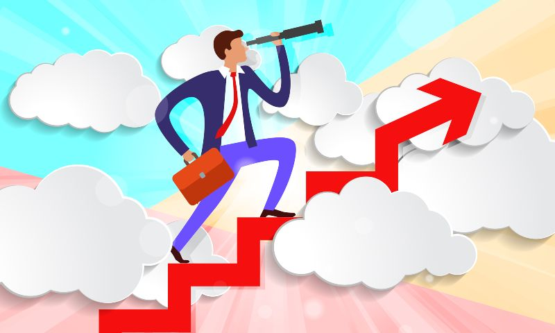 Businessperson in a blue suit climbs red stairs through clouds, looking through a telescope toward an upward arrow, symbolizing growth.