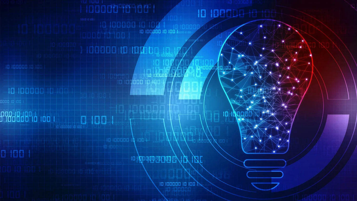 Abstract blue–purple lightbulb containing a neural network, symbolizing AI innovation against a data/grid background.